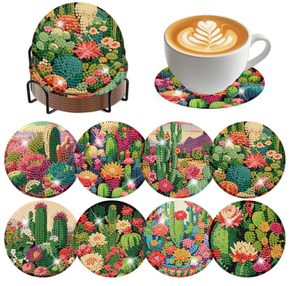 ijbnhd 8 Pcs Cactus Diamond Art Coasters Kit, Cactus Diamond Painting Coasters with Holder, Arts and Crafts Supplies Astral 4X4inch (Cork Wooden Pad)