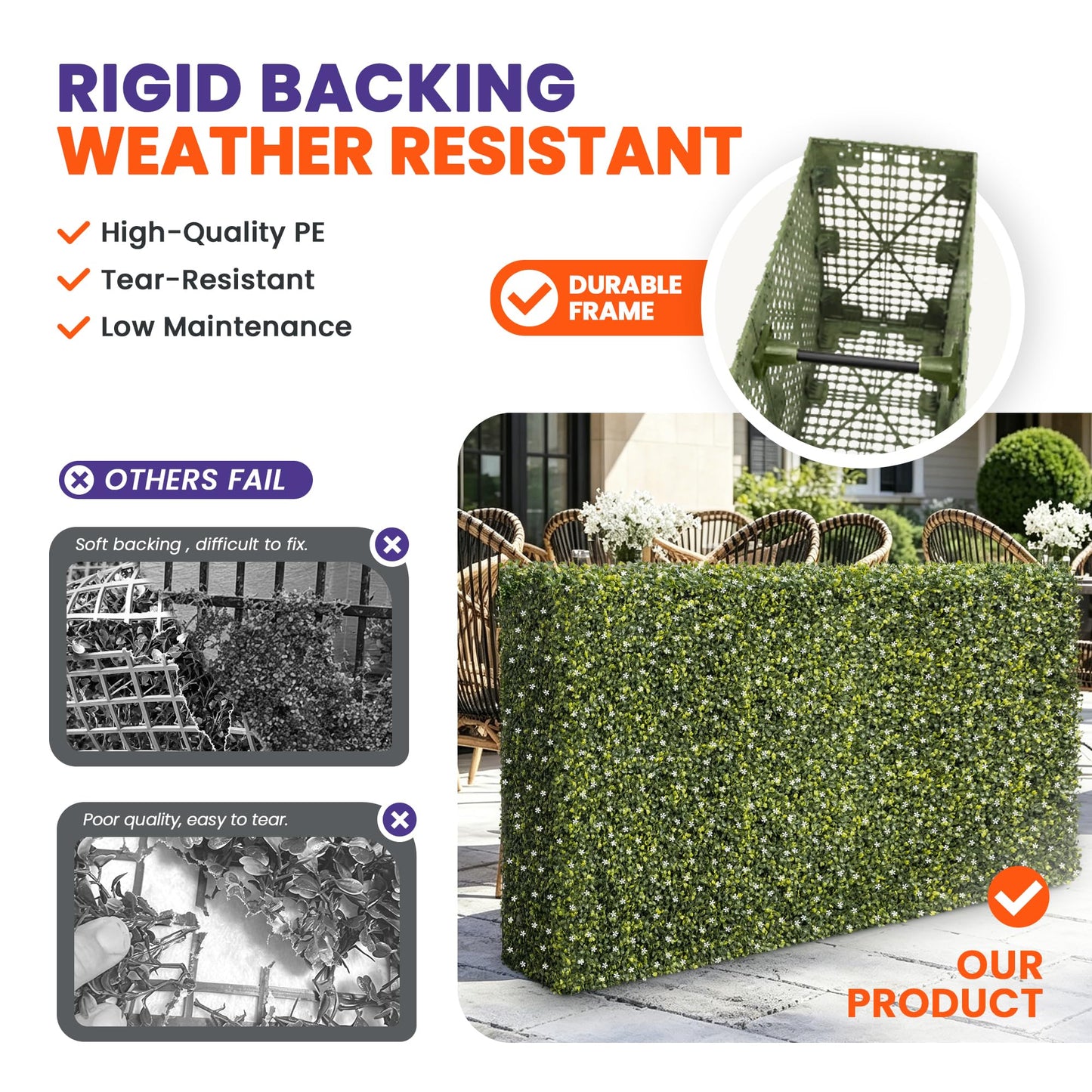 PATIOBREEZE 54" Wx54 Hx6 D Artificial Boxwood Hedge Wall with White Flowers, Greenery Privacy Screen Faux Grass Backdrop Room Divider for Indoor Outdoor Office Patio Garden Party Decoration
