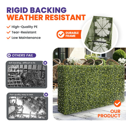 PATIOBREEZE 54" Wx54 Hx6 D Artificial Boxwood Hedge Wall with White Flowers, Greenery Privacy Screen Faux Grass Backdrop Room Divider for Indoor Outdoor Office Patio Garden Party Decoration