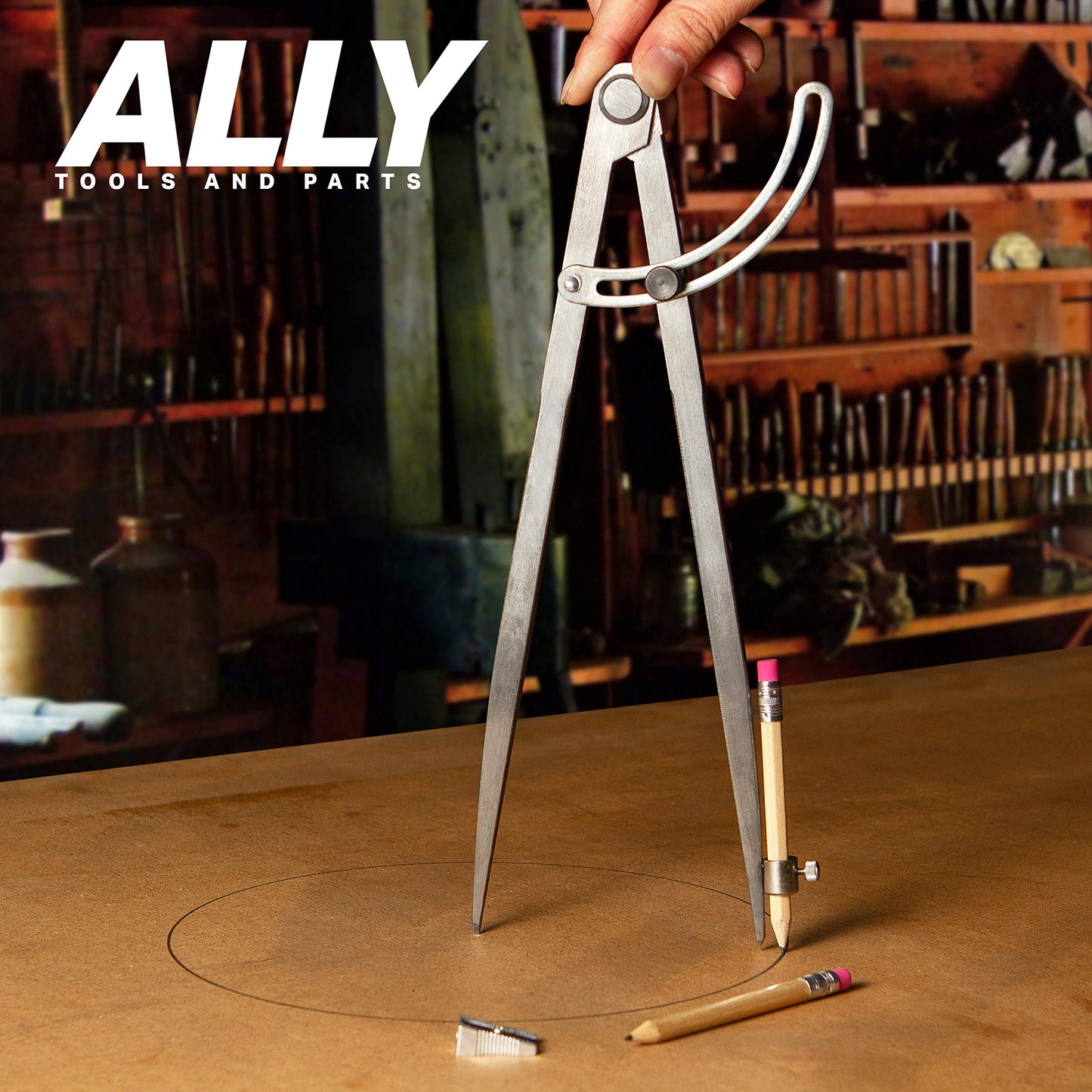 ALLY Tools 12 Inch Precision Locking Wing Divider/Woodworking Compass with Pencil Holder INCLUDES Two Pencils and Pencil Sharpener Ideal for Drawing, Drafting, Carpentry