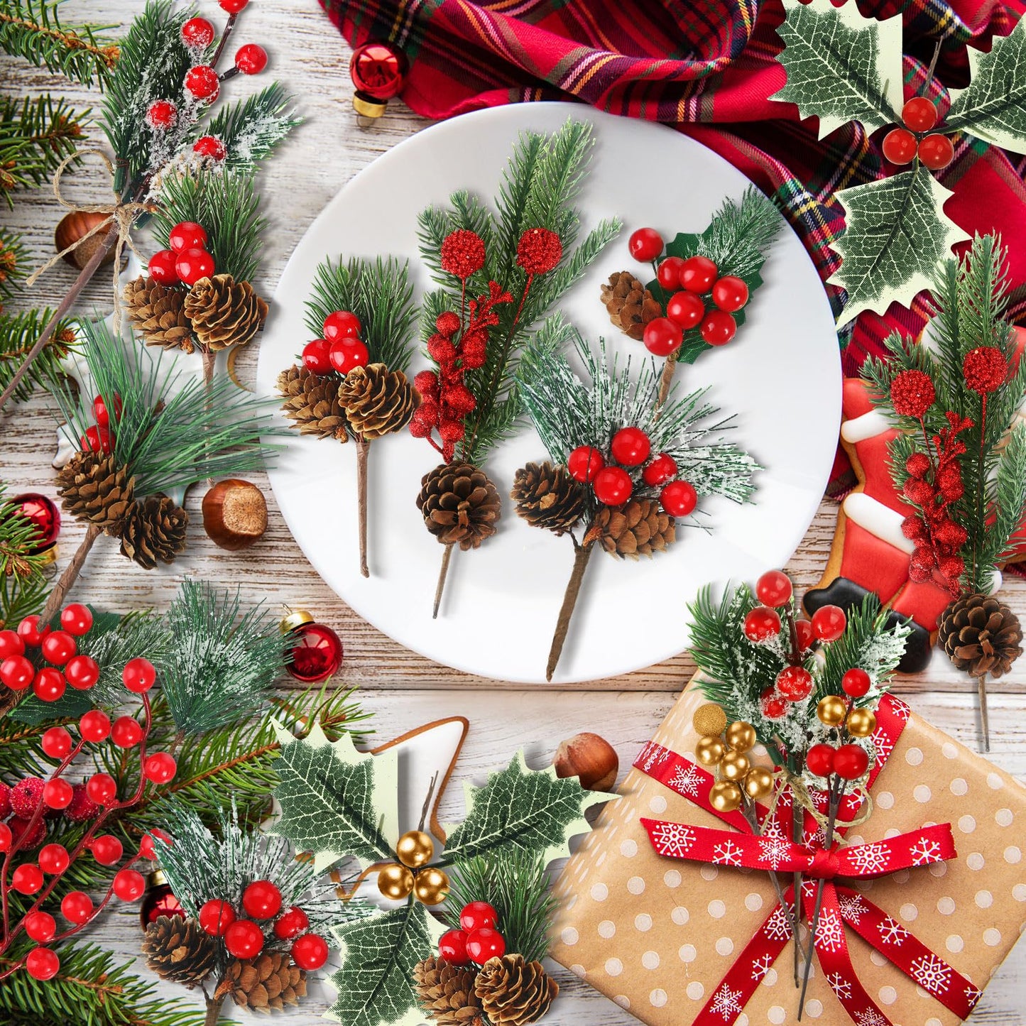 Riceshoot 42 Pcs Christmas Picks with Pine Cones Holly Berry Artificial Red Berries Stems Pine Branches Small Christmas Berry Picks for Crafts Wreath Garland Decoration