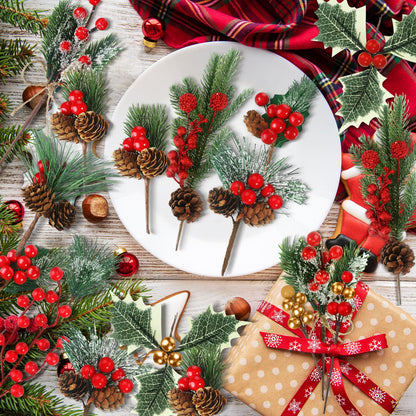 Riceshoot 42 Pcs Christmas Picks with Pine Cones Holly Berry Artificial Red Berries Stems Pine Branches Small Christmas Berry Picks for Crafts Wreath Garland Decoration