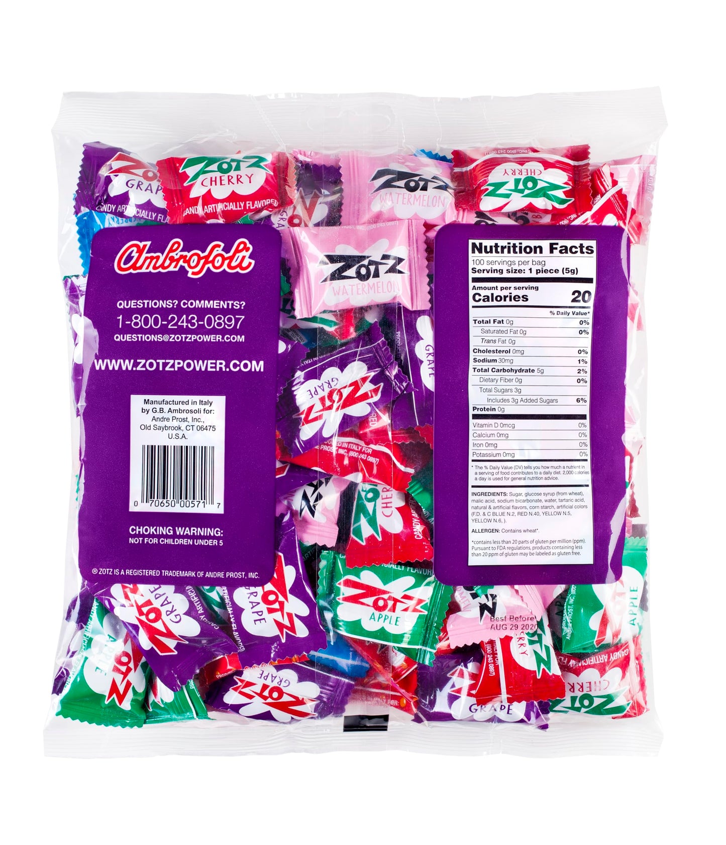 Zotz Fizzy Bulk Candy (Assorted, 100 Units)- Hard Candy Individually Wrapped- Assorted 7 Fruit Flavors, Cherry, Watermelon, Strawberry, Blue Raspberry, Apple, Orange & Grape- From Italy Since 1970
