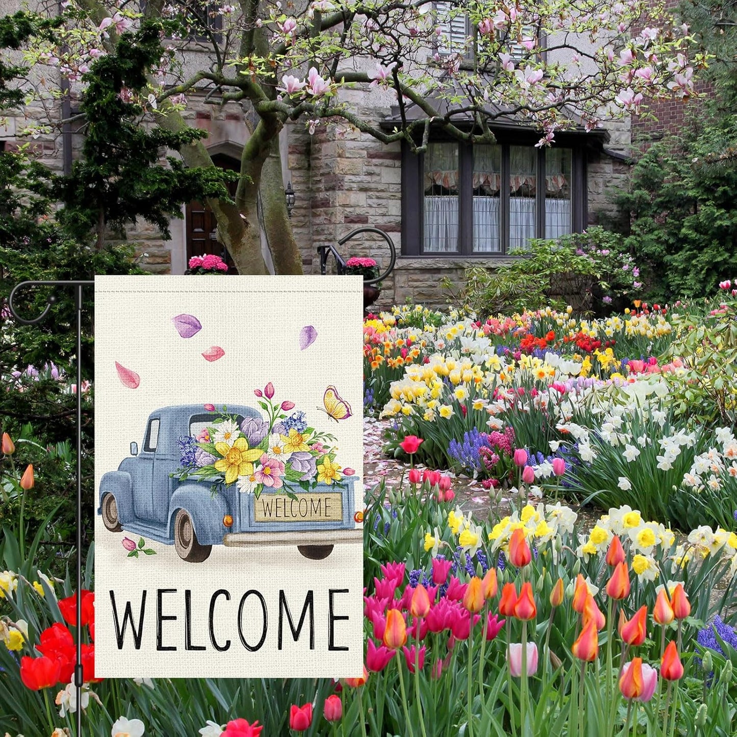 Welcome Spring Garden Flag 12x18 Double Sided Vertical Burlap Retro Truck Floral for Outdoor Decoration