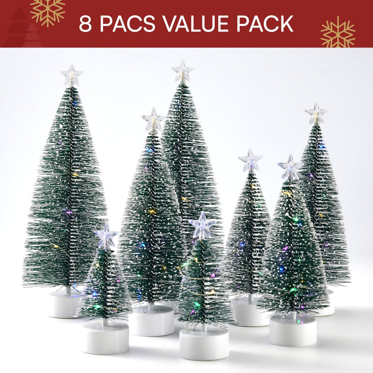 JOYIN 8 Pcs Mini Xmas Tree with LED Lights, Prelit Classic Small Christmas Decor in 4 Sizes with Star Topper, Tabletop Artificial Tree with Snow for Xmas Indoor Home Decor Holiday Festive (Green)
