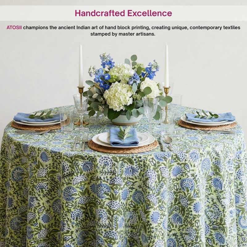ATOSII Amara 100% Cotton Round Summer Tablecloth, Handblock Print Floral Table Cloth for Kitchen Dining Linen I Parties, Weddings, Outdoors I Grand Millennial Farmhouse Home Decor 72" Inches Round