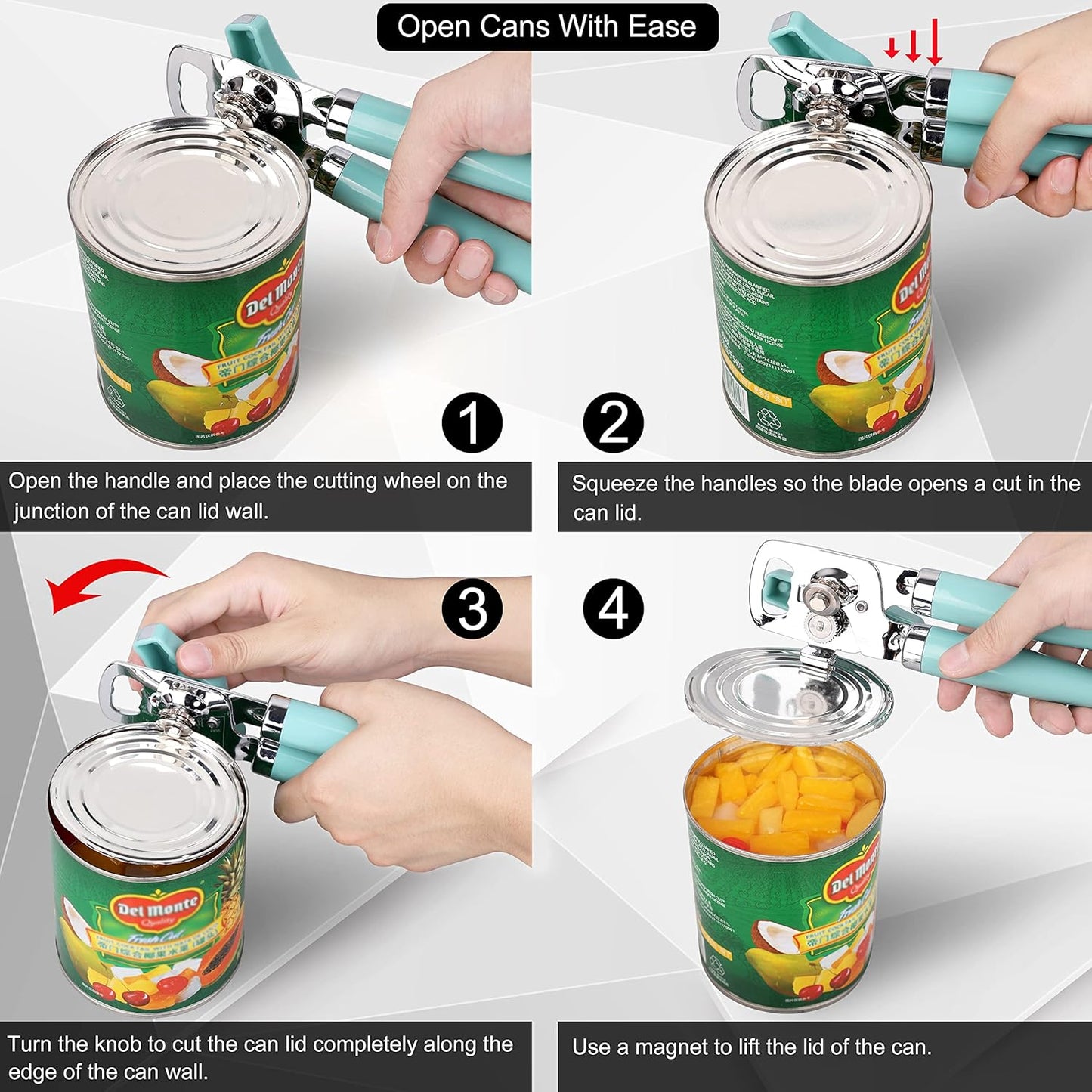 Manual Can Opener: Heavy Duty Stainless Steel Safe Cut with Magnetic Lifter, Smooth Edge, Easy Big Turn Knob, Aqua Sky