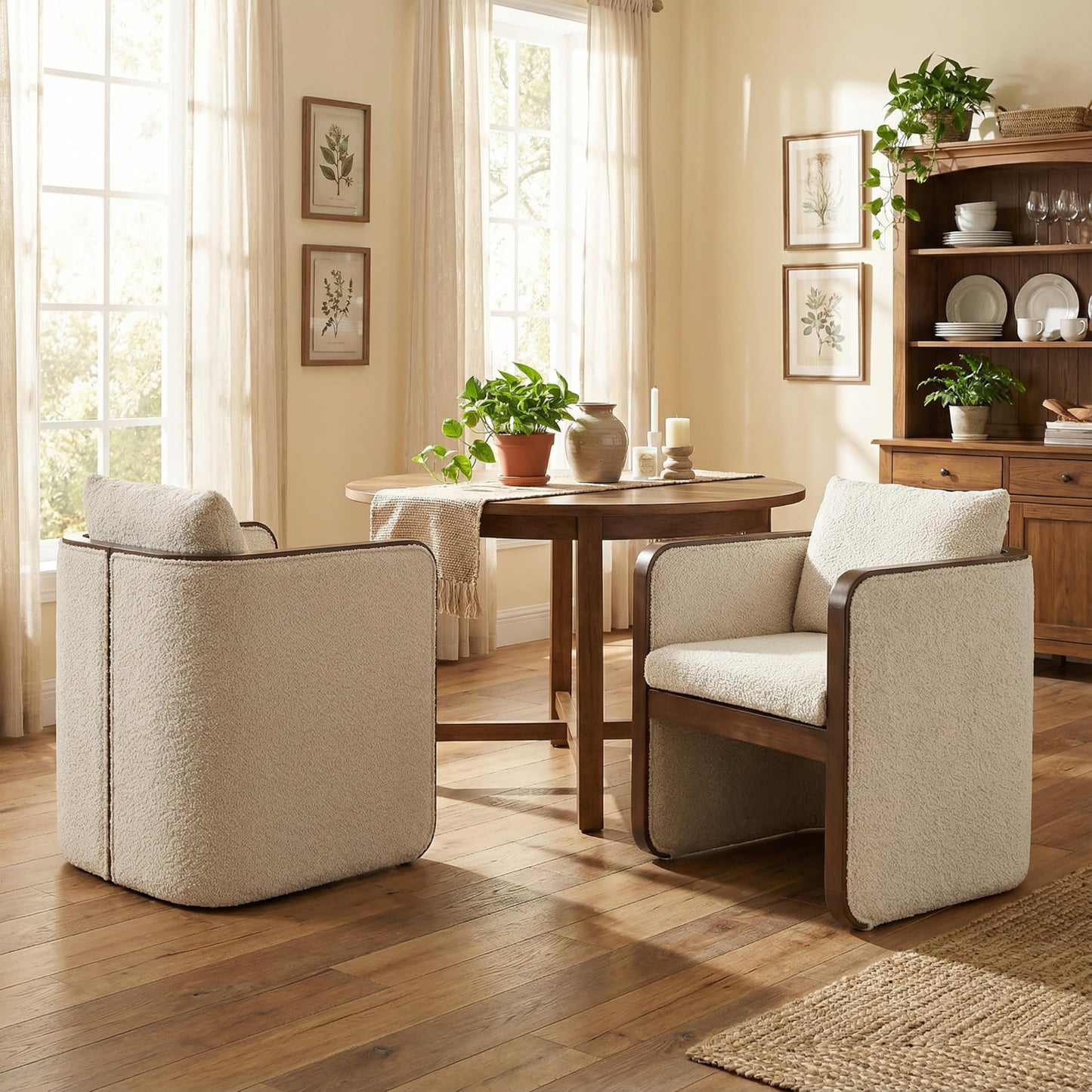 Christopher Knight Home Cabelo Boucle Upholstered Dining Chairs Set of 2, Sturdy Wooden Dining Chair with Curved Back, Modern Armchairs and Thick Cushions, Versatile Indoor Usage, Almond + Walnut