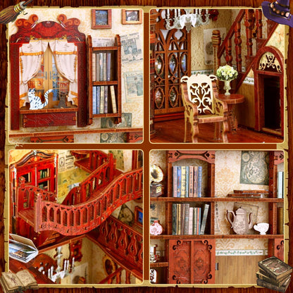 CRIOLPO Book Nook Kit - DIY Doll House Booknook, Book Nook Miniature Kit for Bookshelf Insert Decor Crafts for Adults Teen Halloween, 3D Wooden Puzzle Bookends with Sensor Led Light