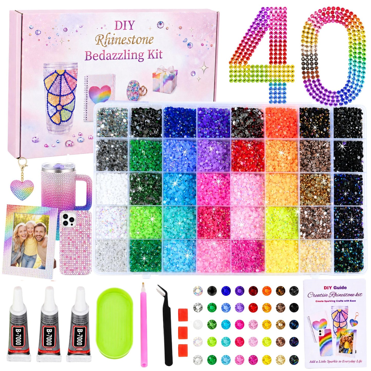 Bedazzling Kit with Rhinestones, 40 Colors 3mm 32000PCS Small Flatback Resin Rhinestones Gems with B7000 Glue and Manual, All-in-One Bedazzler Kit for Beginners, DIY Crafts Gifts, Clothes and Tumblers