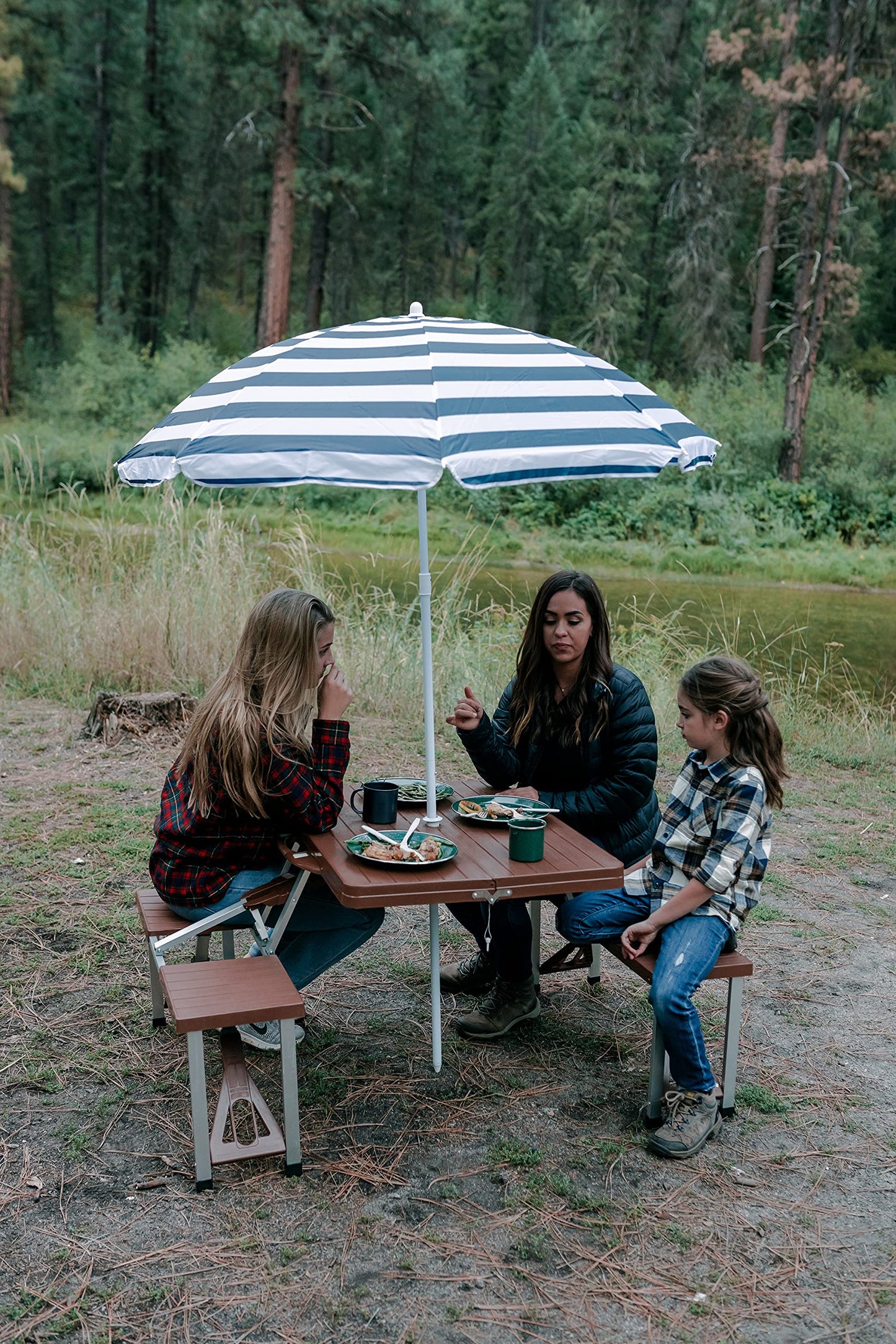 Stansport Picnic Table and Umbrella Combo - Brown (G-915-45), 33.5" x 75" x 25.5"