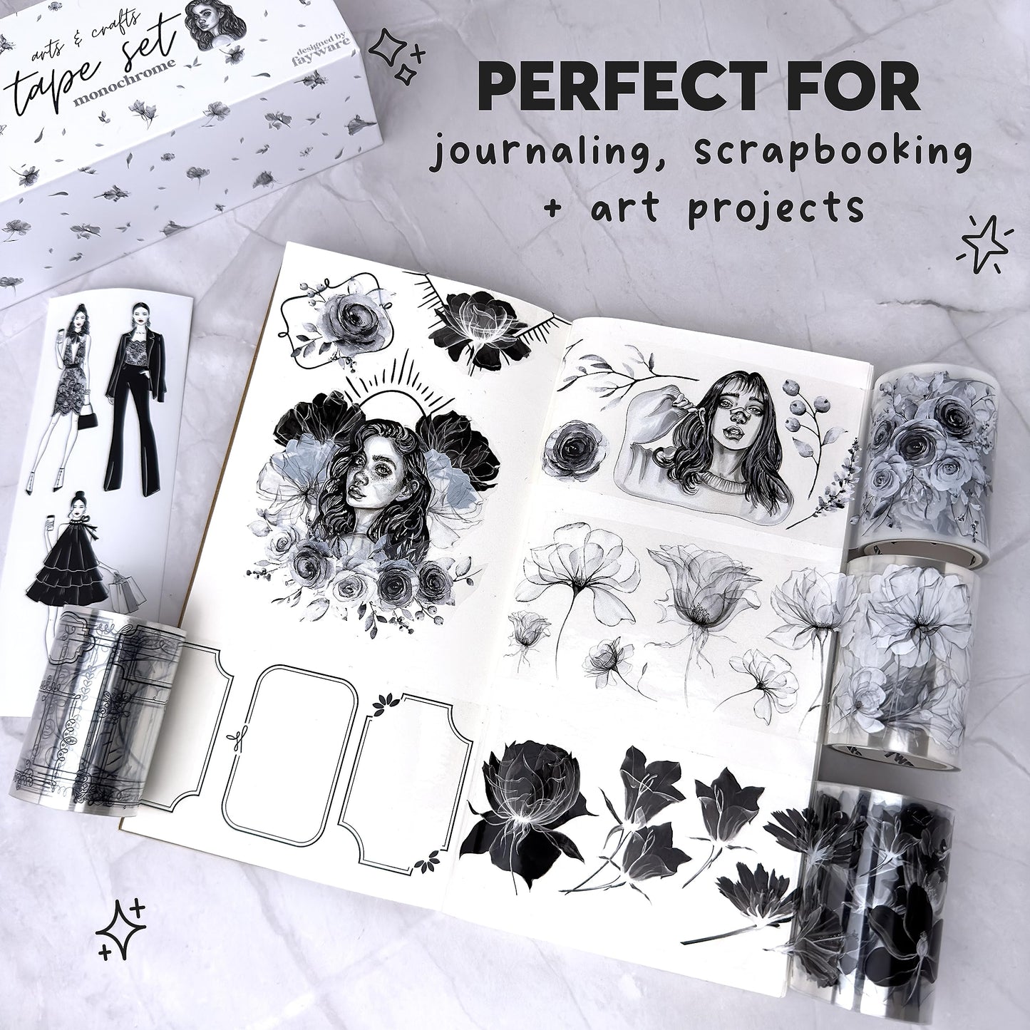 Fayware 4 PET Tapes for Journaling and Scrapbooking - Black & White Junk Journal Supplies for DIY Arts & Crafts Projects