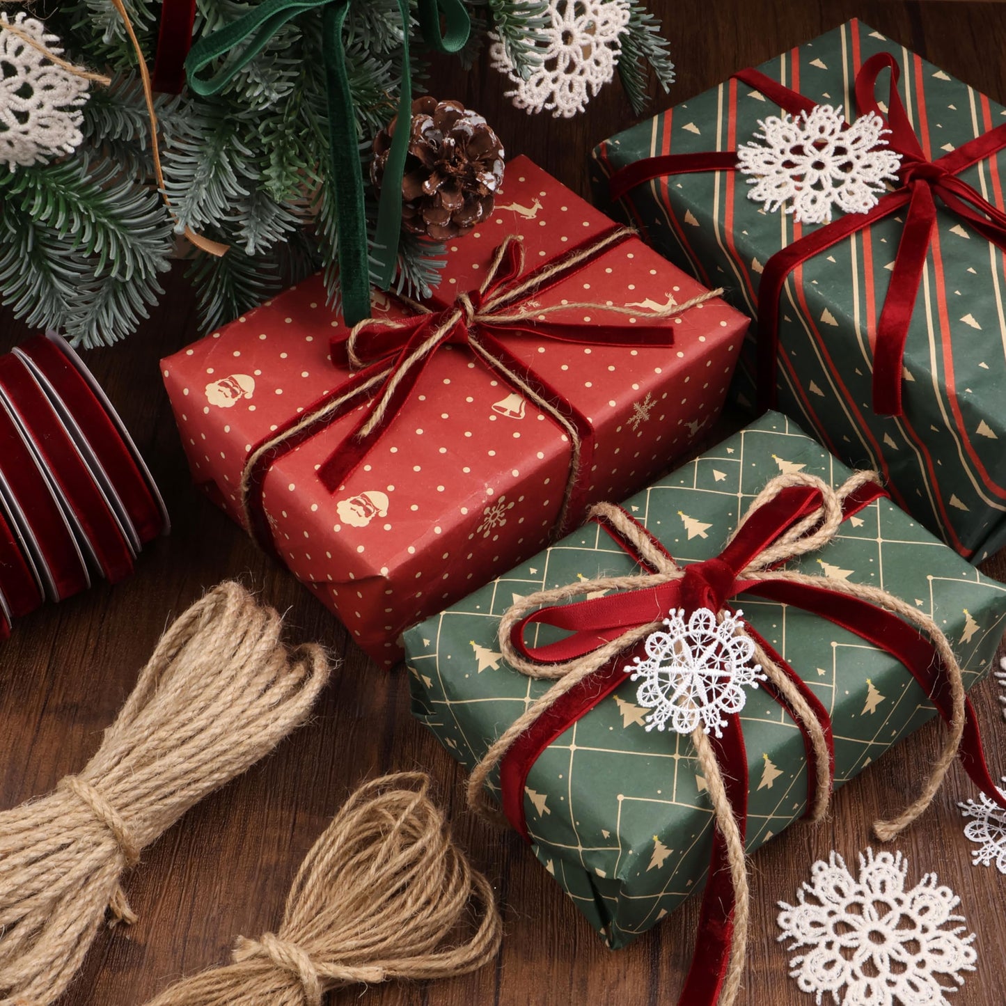 Christmas Velvet Ribbon Craft Kit – 6 Rolls Burgundy Felt Ribbon with Jute Twine Snowflake Fabric Patches, Complete Holiday Gift Wrapping Decoration Set, High-Value Bundle for Xmas Crafts Home Décor