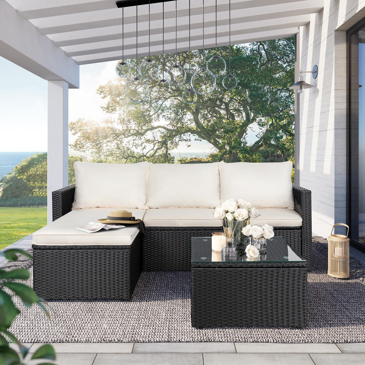 SUNLEI Patio Furniture Set with Detachable Soft Cushions, Outdoor PE Rattan Patio Conversation Sofa Set, 3-Piece Patio Sectional Sofa with Glass Coffee Table, Black Rattan/White
