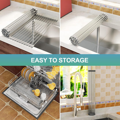 Roll Up Dish Drying Rack, Over the Sink Kitchen Dish Drainer, Foldable Sink Rack Mat, 304 Stainless Steel