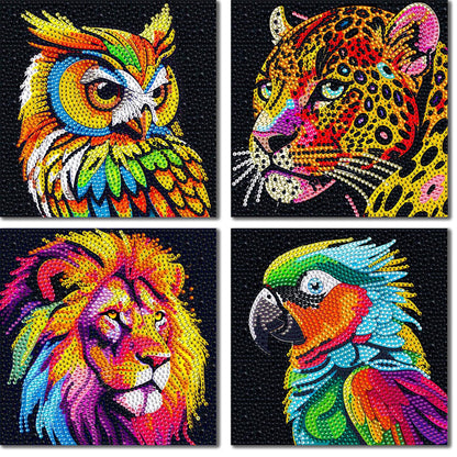 UiSdfuy Diamond Art Kits for Kids, Arts & Crafts Ages 8-12,Diamond Art for Boys Girls,Gem Art 4 Pack Diamond Painting 6"x 6" - Lion Owl Leopard Parrot