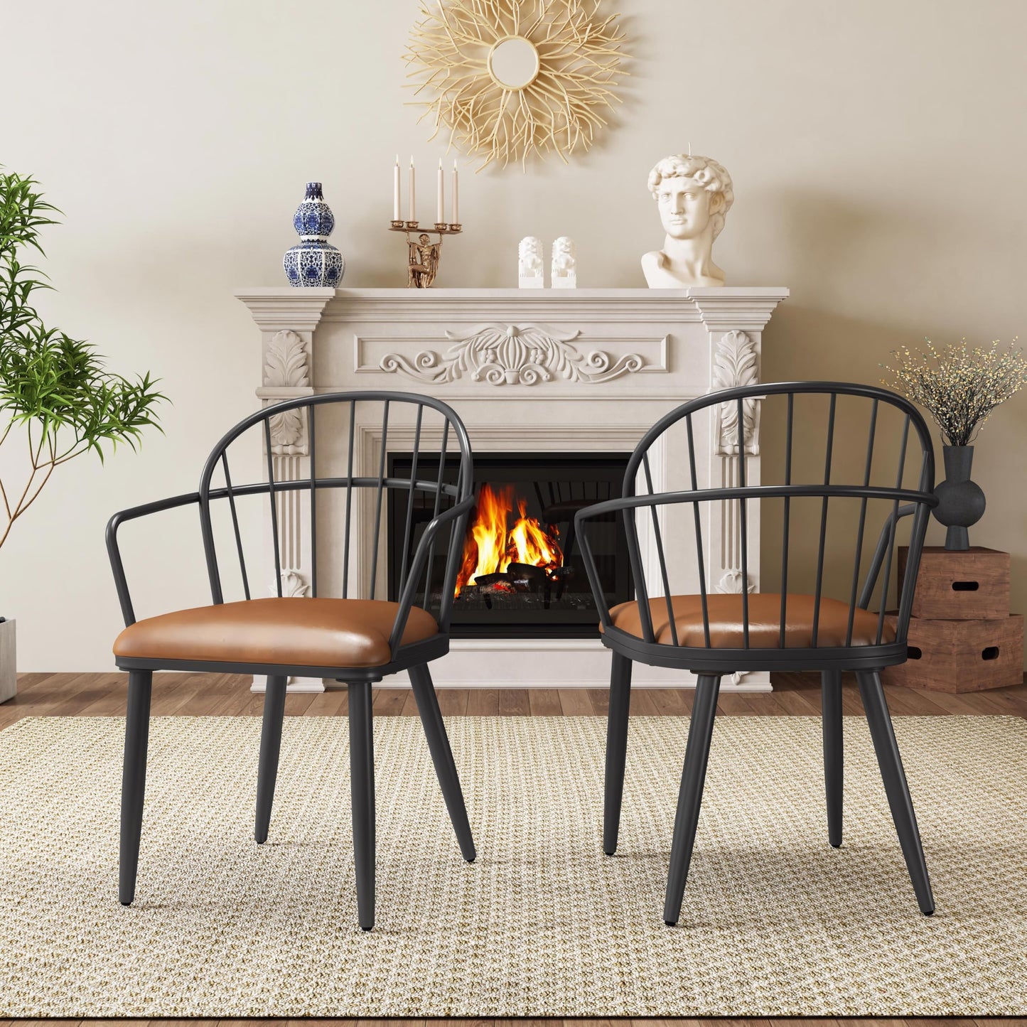 Christopher Knight Home Drats Dining Chairs Set of 2, Accent Dining Chair, Faux Leather Upholstered Kitchen Chair, Bucket Backrest Metal Frame Armchair, Industrial Dining Chair for Dining Room, Brown