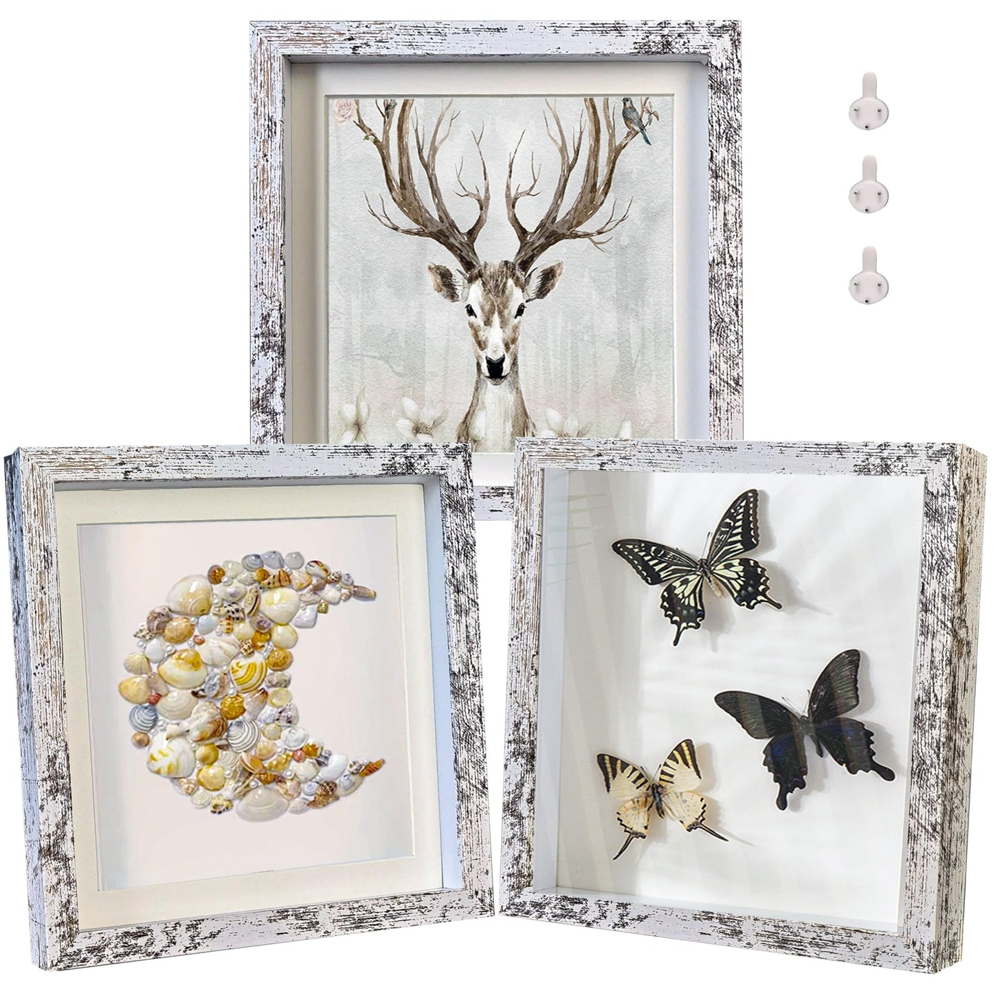 Houstimi Rustic 8x8 Shadow Box Frame White Shadow Box Display Case Made of Solid Wood and Real Glass Internal Depth 0.6 inches for Wall Or Tabletop（3 Pack）