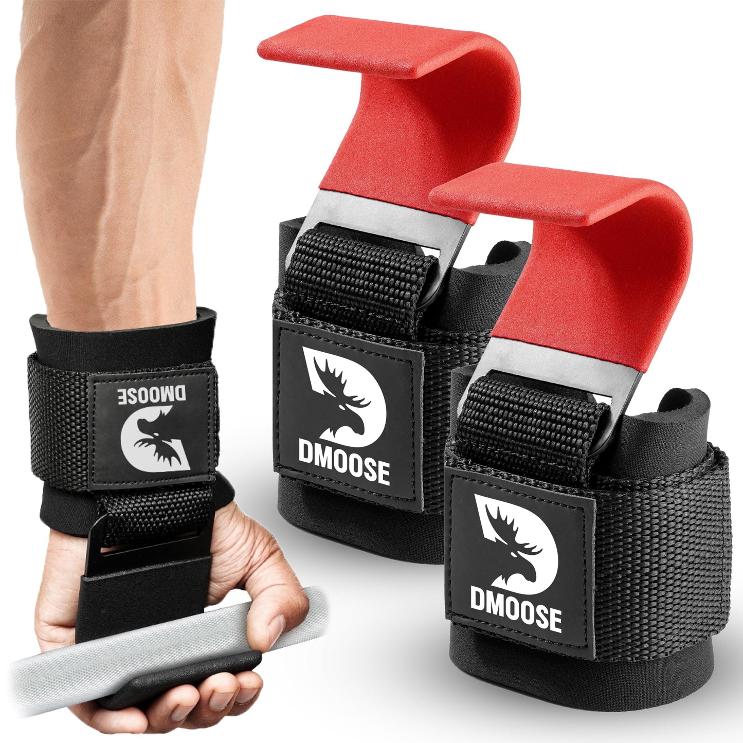 DMoose Fitness Weight Lifting Hooks (Pair) for Deadlifts, Pull Ups, Rows & Shrugs - Anti-Rip Nylon Strap Hand Grips with Thick Wrist Padding - Heavy Duty Wrist Straps for Weightlifting & Gym Workouts
