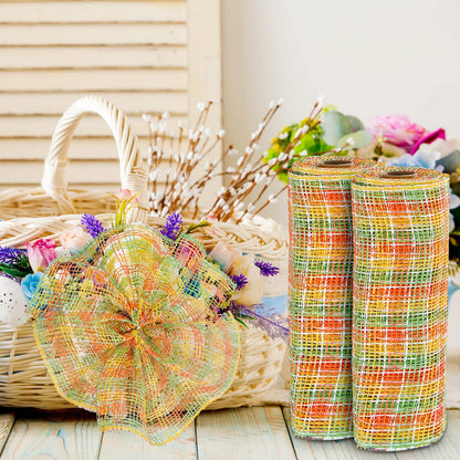 Chuangdi 3 Fall Rolls Poly Burlap Mesh 10 Inches Deco Mesh for Wreath Thanksgiving Yellow Orange and Green Sunflower Plaid Decorative Ribbon for Autumn Wreath Making Supplies