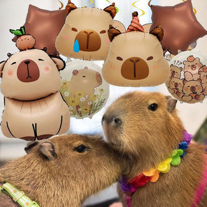 7 PCS 24" Capybara Foil Balloons - Animal Theme Birthday Decorations for Baby Shower, Gender Reveal Party Supplies, Durable Aluminum Mylar Balloons with Hanging Strings & Star Accents