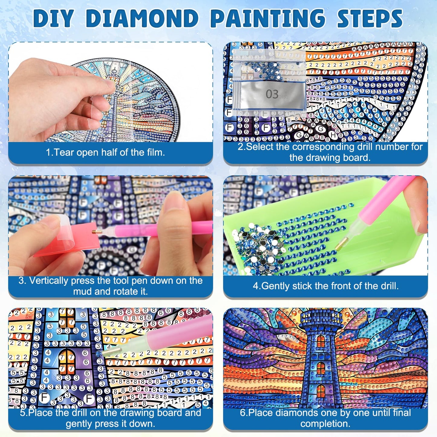 DOMROM Lighthouse Diamond Art Hanging Kit, 5D Special Shaped Rhinestone Painting Suncatcher, DIY Scenic Lighthouse Sunrise Gem Ornament for Window Wall Home Decor