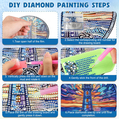 DOMROM Lighthouse Diamond Art Hanging Kit, 5D Special Shaped Rhinestone Painting Suncatcher, DIY Scenic Lighthouse Sunrise Gem Ornament for Window Wall Home Decor