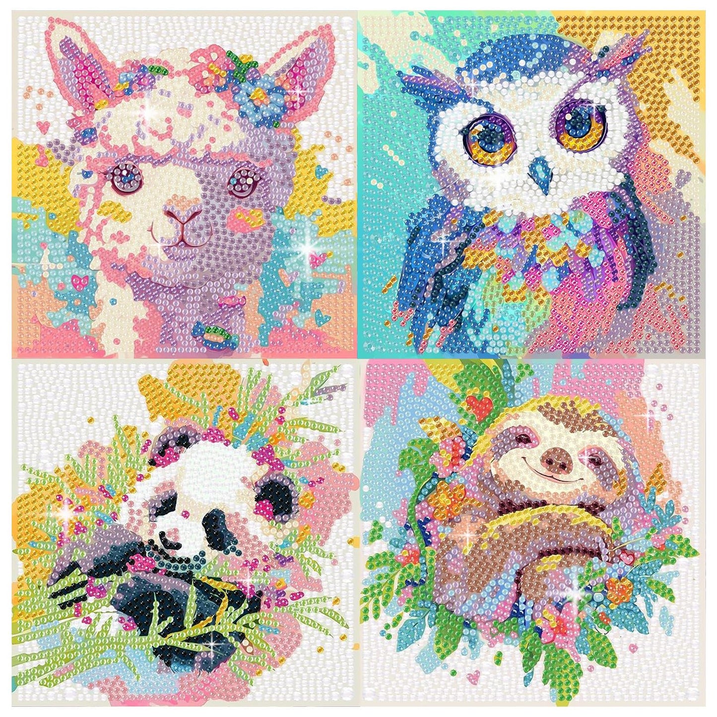 FlyingMage 5D Diamond Art Kits for Adults, Kawaii DIY Painting Art for Women, 4 Pack Cute Diamond Arts and Crafts Sets, Diamond Art Mosaic Kits,Big Gem Full Drill Diamond Dots, Alpaca Owl Panda Sloth