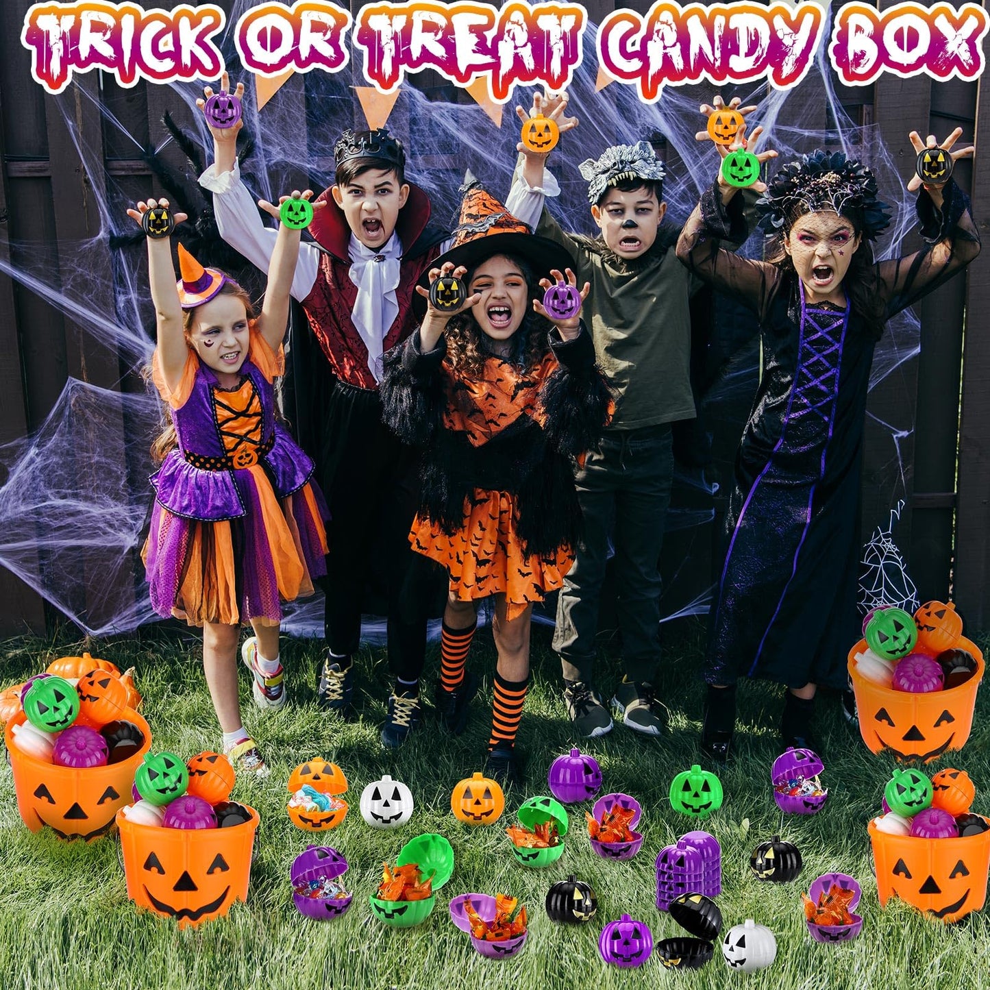 Lallisa 120 Pcs Halloween Pumpkin Containers Plastic Storage Box Case Bulk, Mini Pumpkin Egg Candy Gift Bucket for Halloween Trick Treat Decoration Party Supplies(Black, Orange, White, Purple, Green)