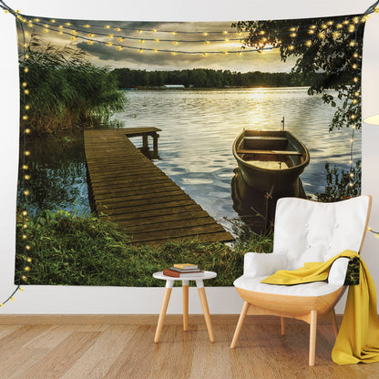 Lunarable Seascape Tapestry Twin Size, Boat at Lake Shore Wooden Pier Sunset Sunbeams Romantic Evening, Wall Hanging Bedspread Bed Cover Wall Decor, Twin Size, Green Yellow