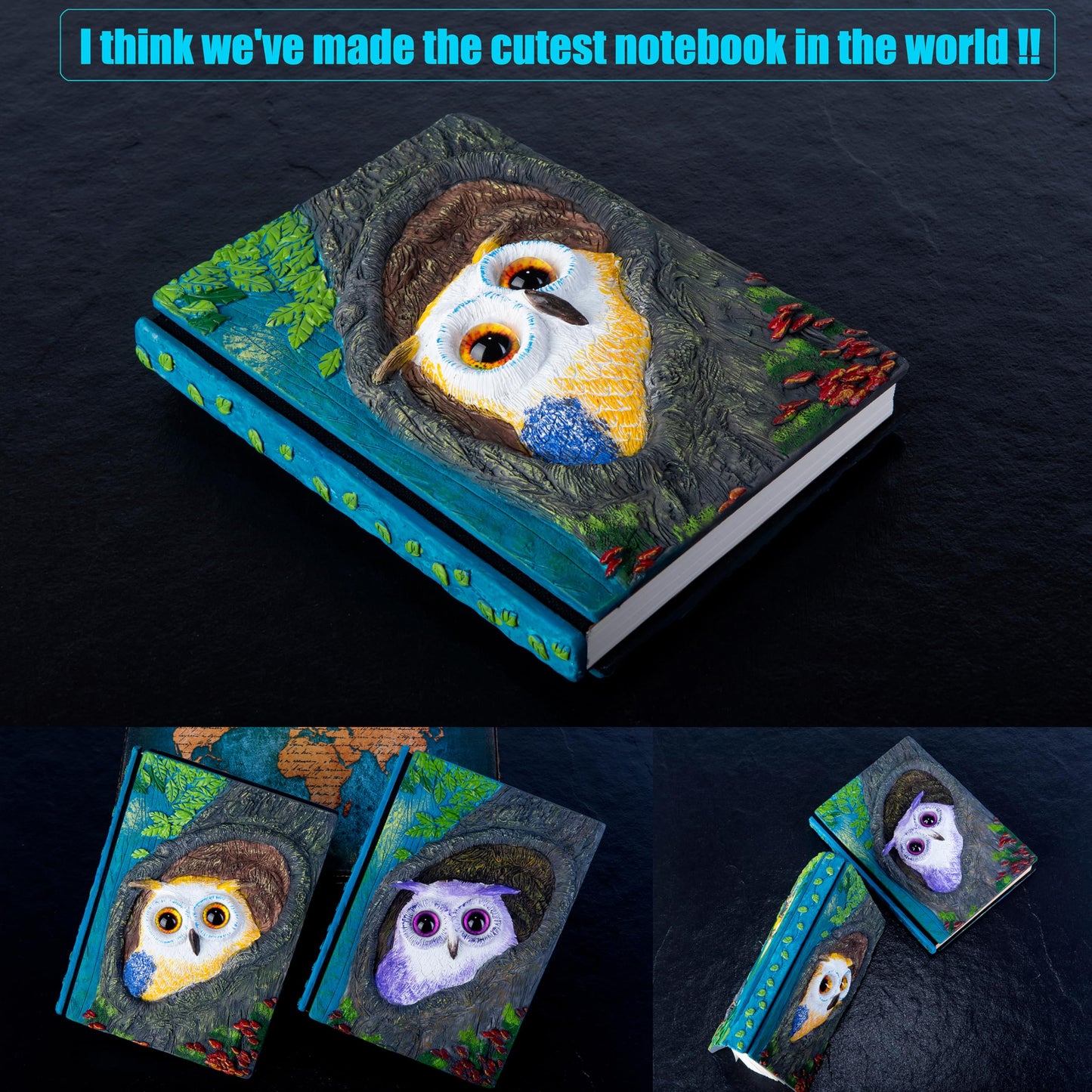Handmade Cute Owl in Tree Hole 3D Journal,Resin Engraving Notebook,Hardcover Travel Diary for Writing,Sketchbook,Collection,Gift,Decoration Diary for Man And Woman A5 Size （white） (White)