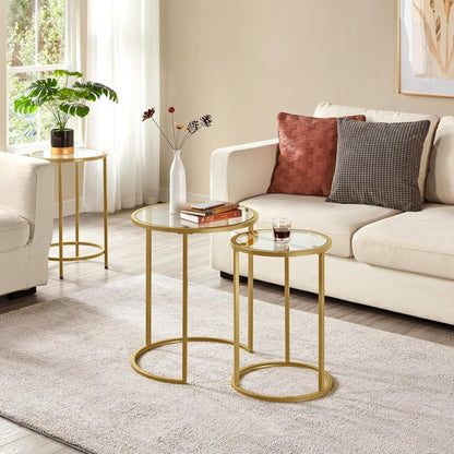 Yaheetech Round Nesting Side Table Stacking Coffee Table, Set of 2 Circular End Tables w/Metal Frame & Tempered Glass Top & Protective Foot Pads for Small Space Living Room Office, Mustard Gold