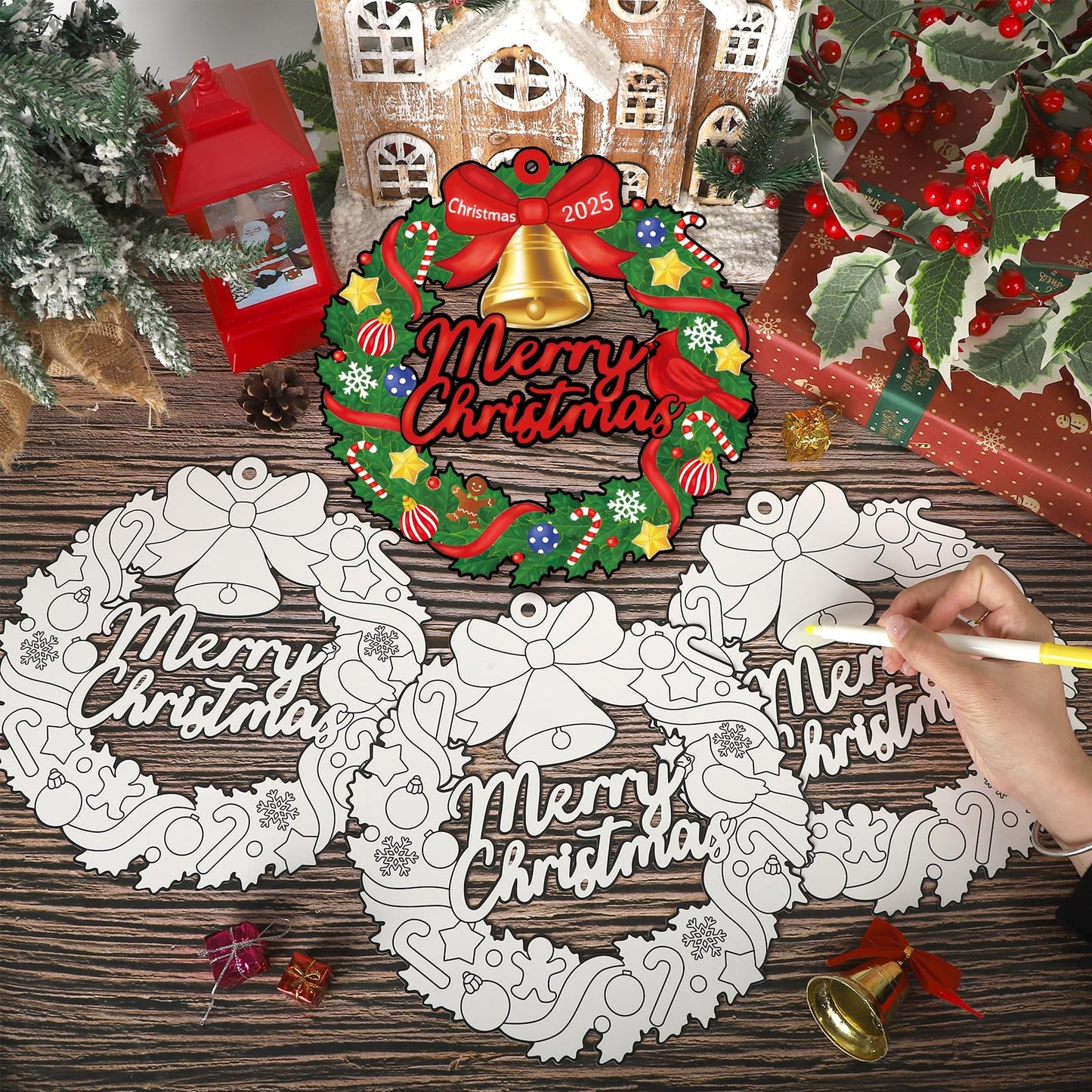 Sereliy 24 Pcs Christmas Coloring Wreath Crafts, Color Your Own Christmas Crafts, DIY Paper Xmas Wreath for Classroom Activities, Games. (Bell)
