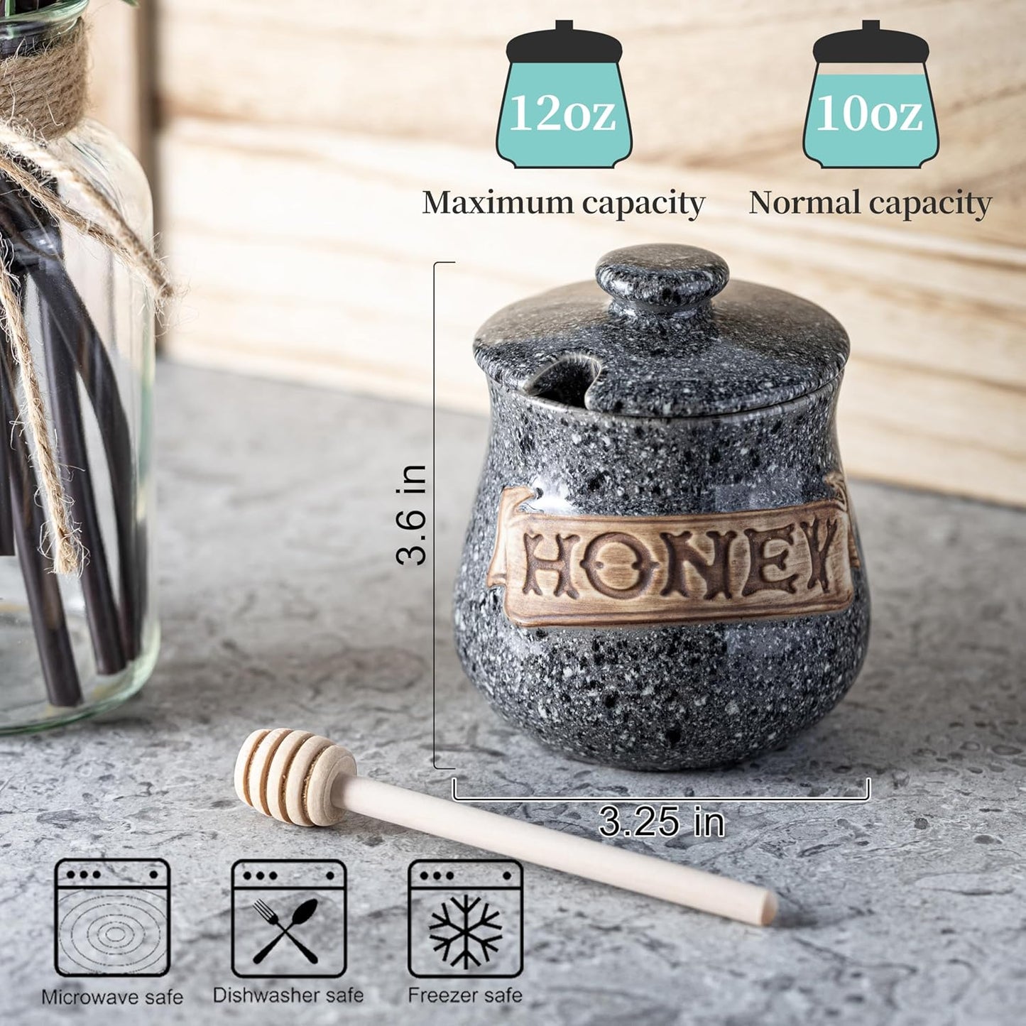 12oz Honey Jar, Honey Pot, Honey Dispenser Grey Ceramic Honey Jar with Wood Dipper & Lid Multi-Use for Fruit Syrup/Jam
