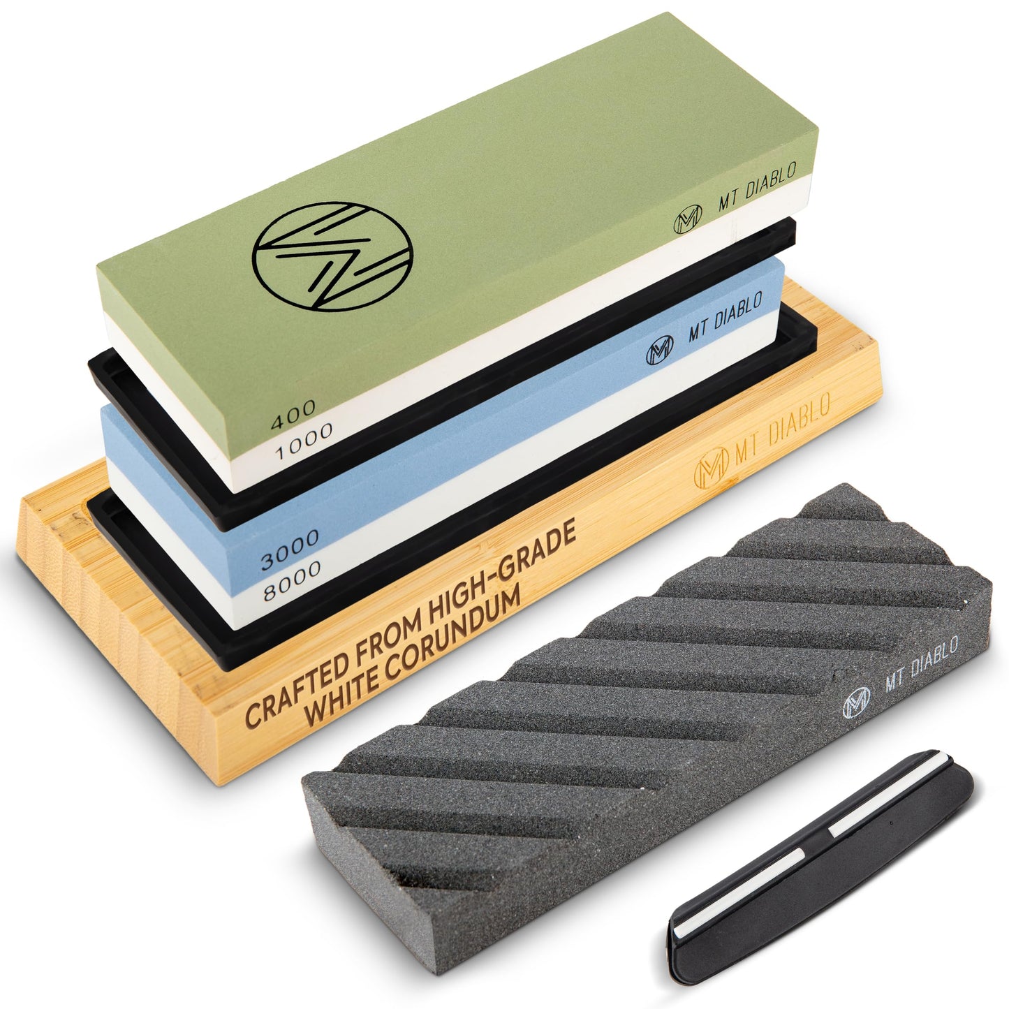 Mt Diablo Knife Sharpener Stone Kit for Chefs & Woodworkers: Dual-Grit Whetstones 400/1000 & 3000/8000, Premium White Corundum, Knife Sharpening Kit with Bamboo Base & Angle Guide, Flattening Stone