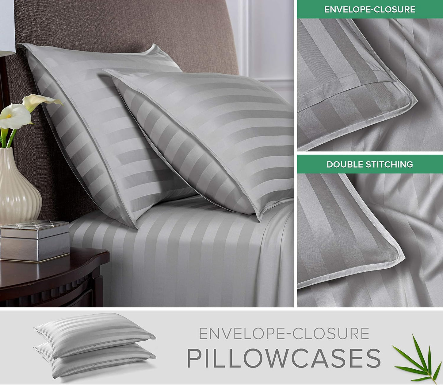 Pure Bamboo Queen Sheets - Luxuriously Soft 100% Organic Viscose Bed Sheet Set | Jacquard Silver, Double Stitching, 2-Year Quality Promise