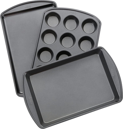 Wilton Perfect Results Non-Stick Baking Sheet, Muffin, and Oblong Pan Bakeware Set, 3-Piece