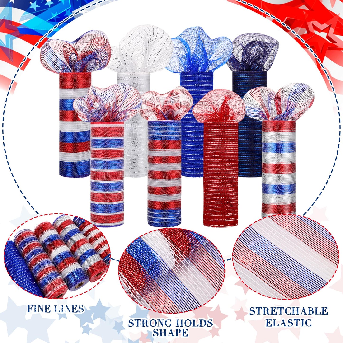 Newwiee 8 Rolls Patriotic Mesh Ribbon for Wreaths 10 Inch x 30 Feet Each Roll Veteran Decor Red White Blue Mesh Ribbon Metallic Foil 4th of July Decoration DIY Crafts Making Supplies