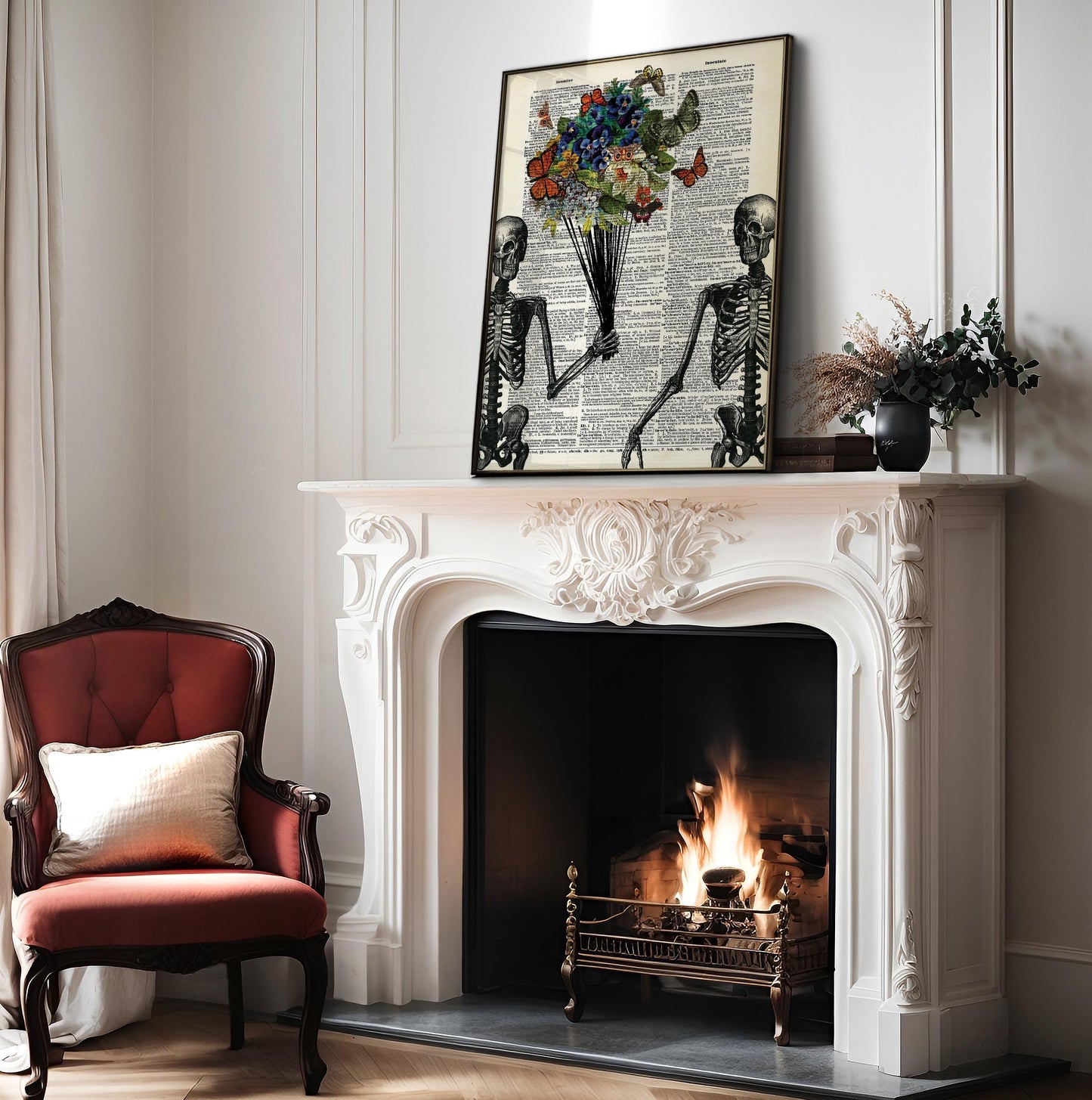 Poster Master Skeleton Couple Print - Flower & Butterfly Poster - Dictionary Art - Romantic Valentine's Day Gift for Him, Her, Lovers - Decor for Living Room, Bedroom - 8x10 UNFRAMED Wall Art