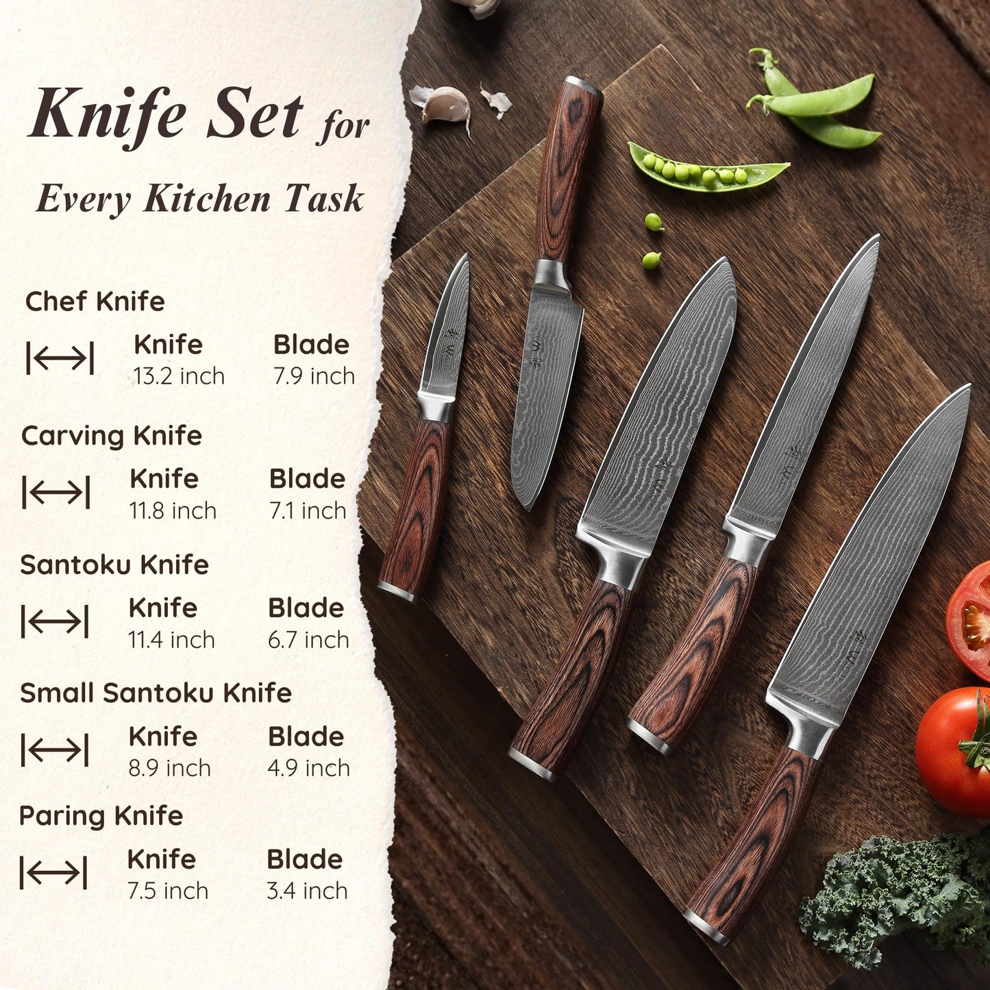 Wakoli EDIB 5-Piece Damascus Knife Set, Professional Kitchen Knives made of 67-Layer Damascus Steel with VG10 Core Blades, Ergonomic Pakkawood Handles, In Wooden Gift Box