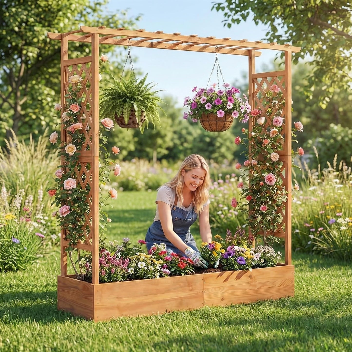 HAPPYGRILL Raised Garden Bed with Trellis, Freestanding Wood Planter Box w/Hanging Roof & Drainage Holes for Vine, Climbing Plants, Flowers, Outdoor Planter with Trellis for Garden, Patio, Yard (2)