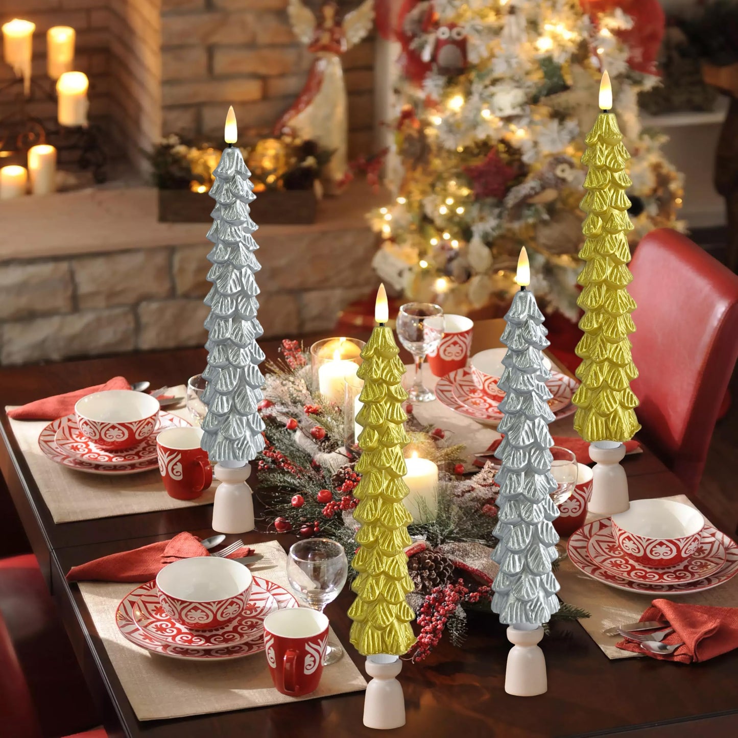 FCMSHAMD Golden & Silver Christmas Trees Flickering Flameless Candles with Remote and Timer, Real Wax 3D Flame Wick LED Candles, 9.8 Inch Battery Operated Candles for Christmas Home Decoration，4PCS