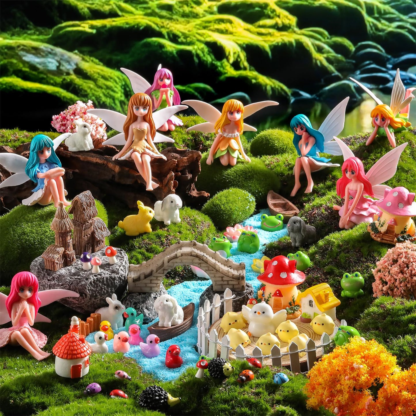Seenelling 150 Pcs Fairy Garden Accessories Miniatures Figures Kit Micro Landscape Resin Mushroom Animals Fake Pond Lawn Bridge Garden Decoration