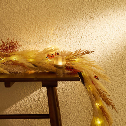 DecorbyHannah Fall Garland for Mantle with Lights, 6ft Pre-Lit Light Up Artificial Faux Pampas Grass Garland with Pine Branch Berry Thanksgiving Decor for Indoor Home Table Mantle Decoration