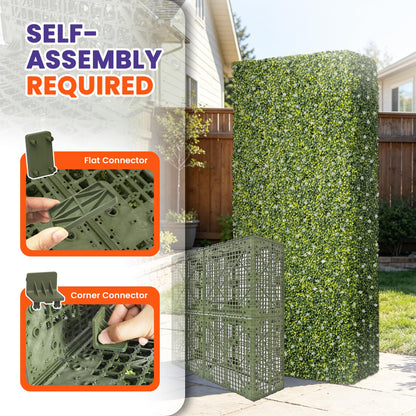 PATIOBREEZE 54" Wx54 Hx6 D Artificial Boxwood Hedge Wall with White Flowers, Greenery Privacy Screen Faux Grass Backdrop Room Divider for Indoor Outdoor Office Patio Garden Party Decoration