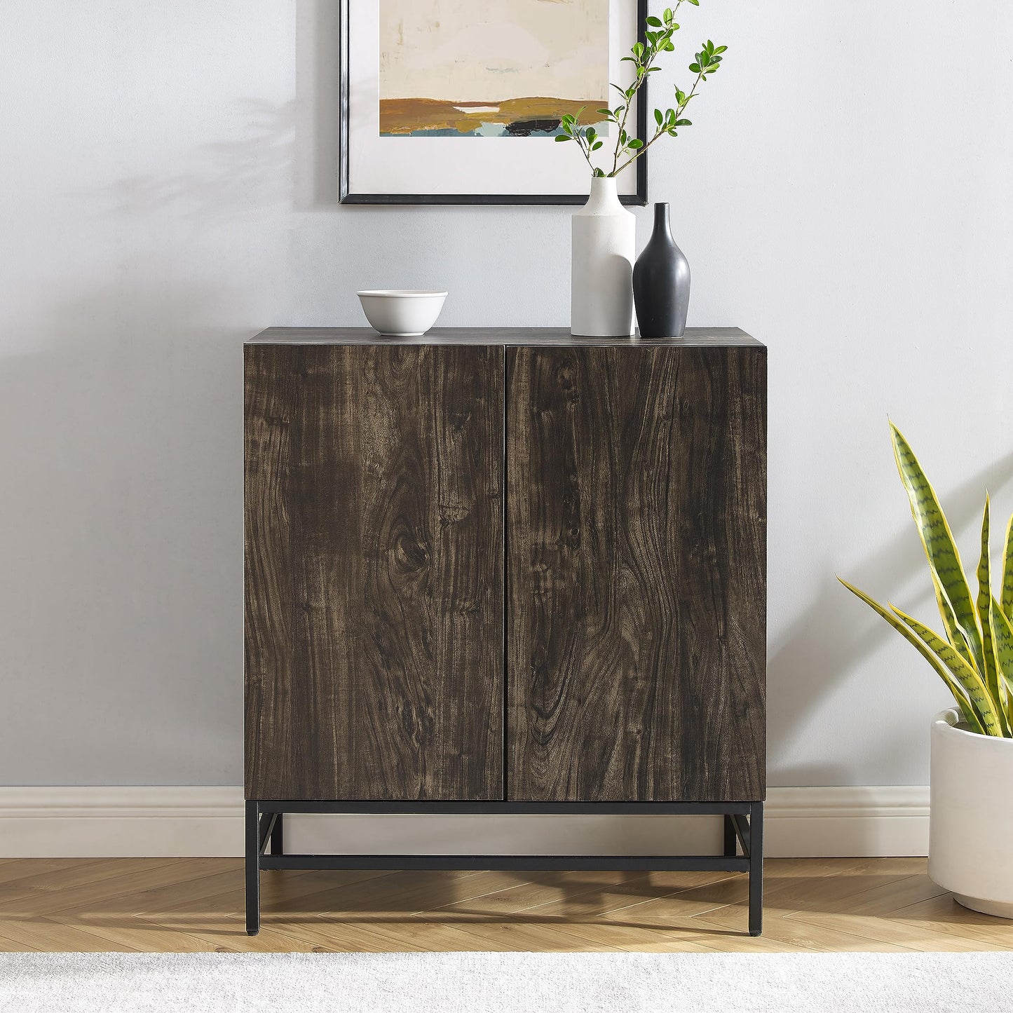 Crosley Furniture Jacobsen Bar Cabinet with Storage Shelves and Wine Rack, Brown Ash/Matte Black