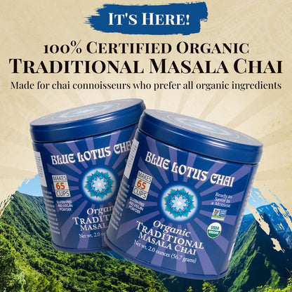 Blue Lotus Chai Tea - Fully Organic Traditional Masala Chai - Makes 65 Cups - 2 Ounce Masala Spiced Chai Powder with Organic Spices - Instant Indian Tea No Steeping - No Gluten