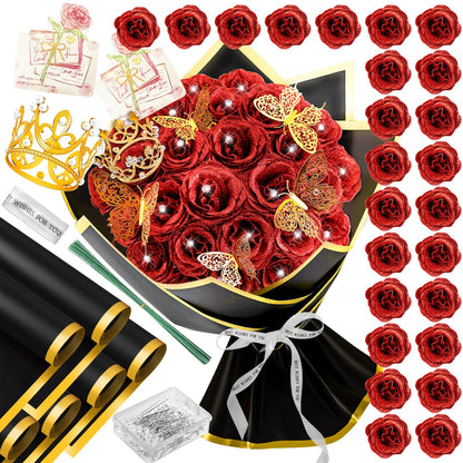 28 Red Glitter Roses Bouquet, 2026 Graduation Flowers Bouquet for Her DIY Fake Artificial Flower Bouquet Kit with Diomand Pins,Red Roses for Anniversary,Weddings,Mothers Day