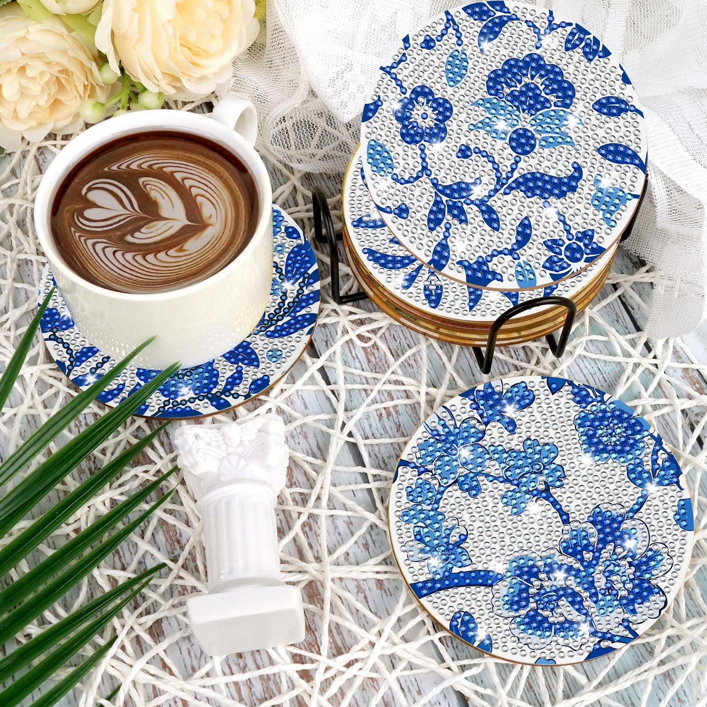 Blue Floral Diamond Art Coasters, 8pcs Blue and White Chinoiserie Floral Diamond Painting Coaster Kit, Elegant Flower Diamond Art with Holder Cork Pads, DIY Craft for Adults Beginners Home Decor Gifts