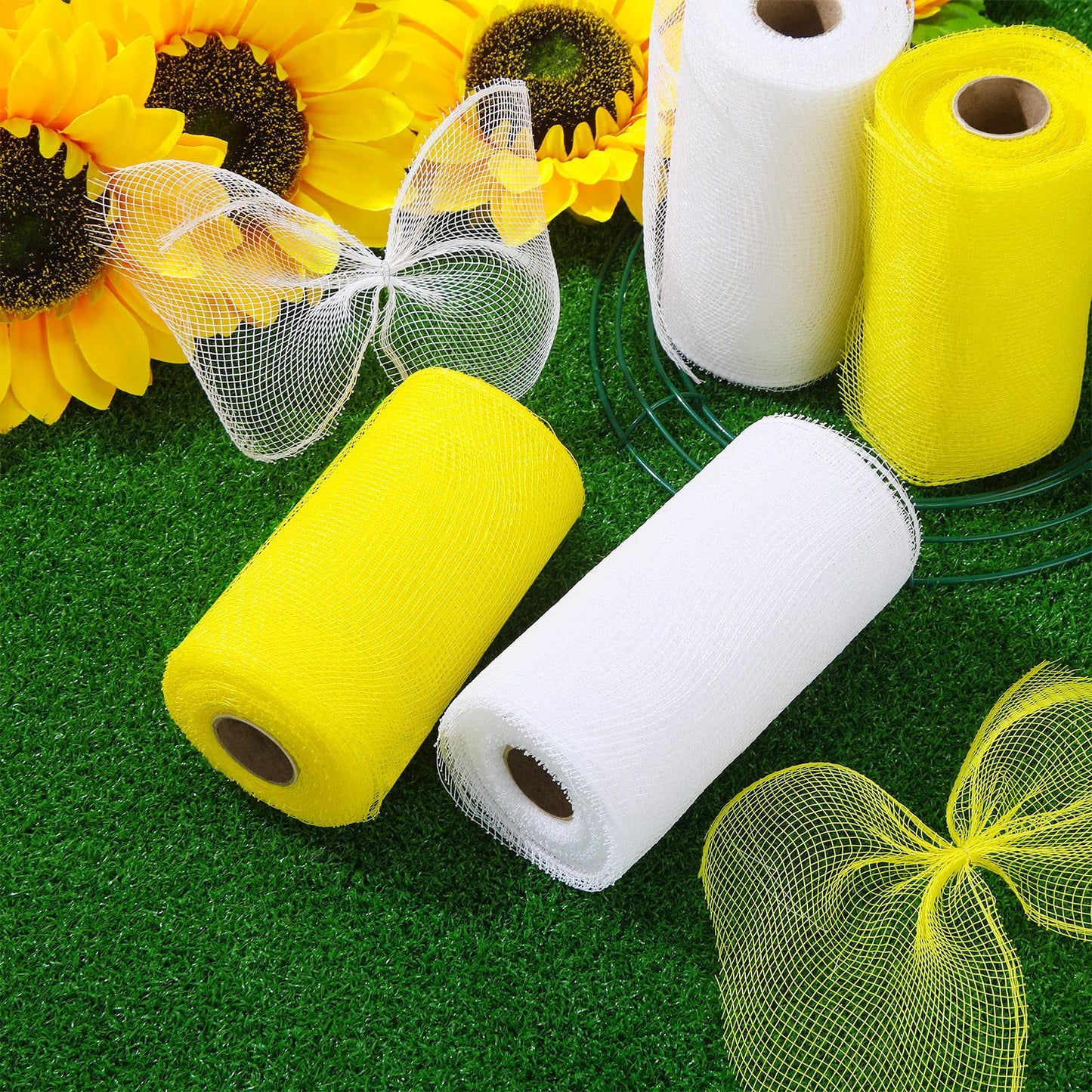 Waydress 4 Rolls Easter Decor Mesh Ribbon Making Supplies Poly Mesh Ribbon for Halloween Craft Wreaths Decorating 30 Feet Each Roll(6 Inch Wide,Yellow, White)